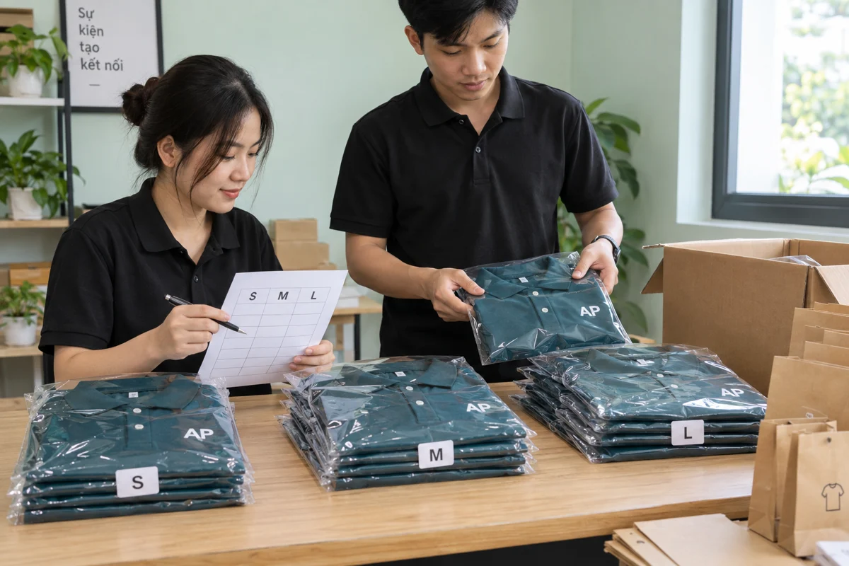 Áo polo AP đóng túi, chia thành nhóm S M L cùng bảng đối soát