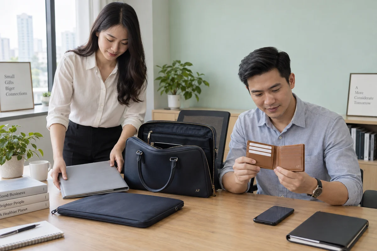 Hai người đối chiếu cặp hồ sơ và ví đựng thẻ ở bàn làm việc