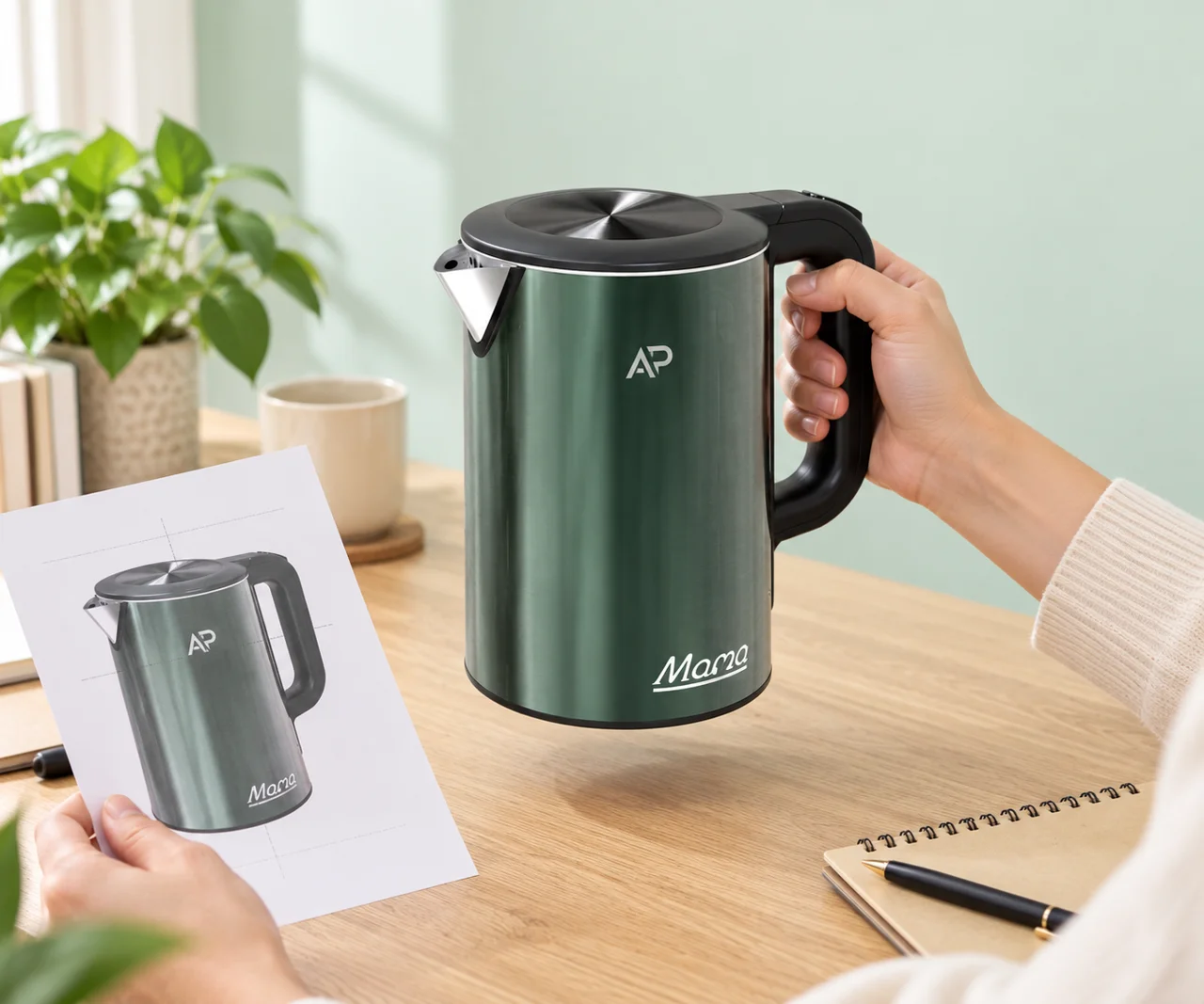 Phương án logo AP trên thân ấm Mama màu xanh được đối chiếu với bản bố trí in