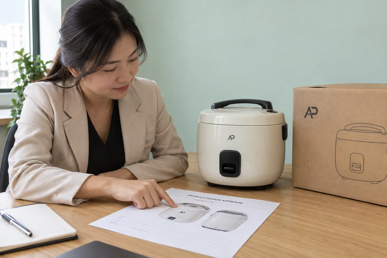 Phương án logo AP ở thân nồi và hộp quà được so với bản duyệt