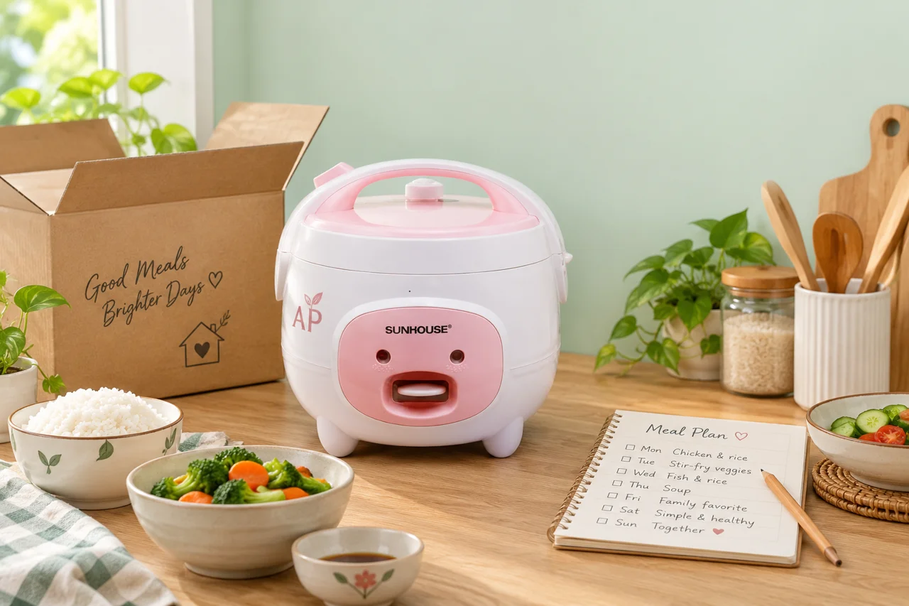 Phương án nồi Sunhouse trắng hồng in AP trong bếp gia đình cùng hộp quà