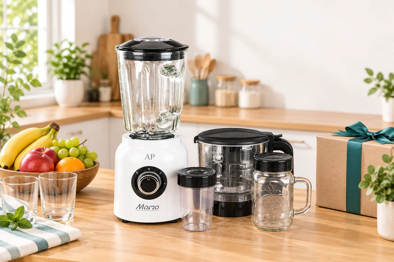 Phương án máy Mama trắng in AP cùng cối phụ và hộp quà trên bàn bếp