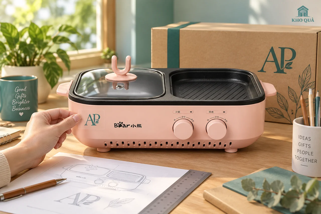 Phương án đối chiếu decal AP với thân bếp Bear và hộp quà