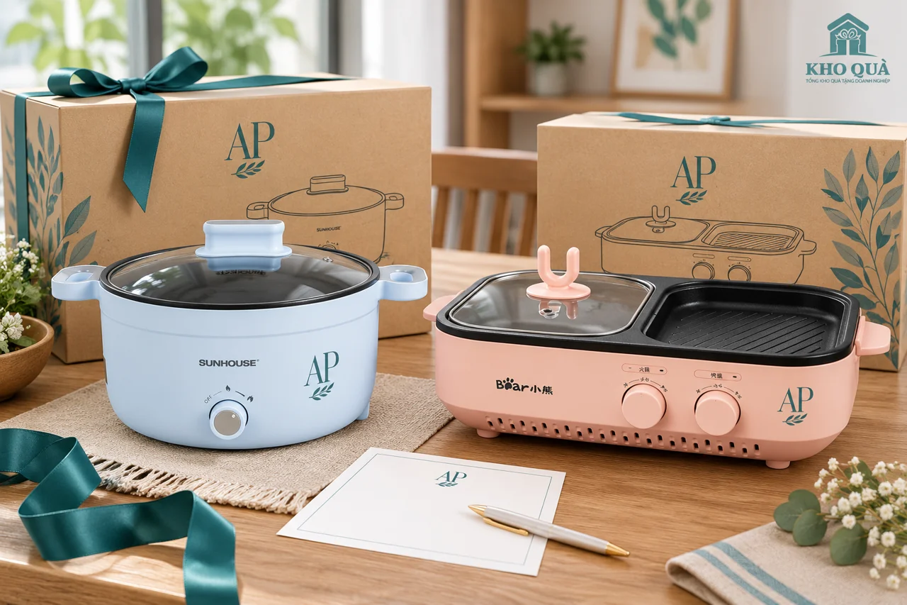 Phương án nồi Sunhouse và bếp Bear trên bàn chọn quà, cùng hộp AP