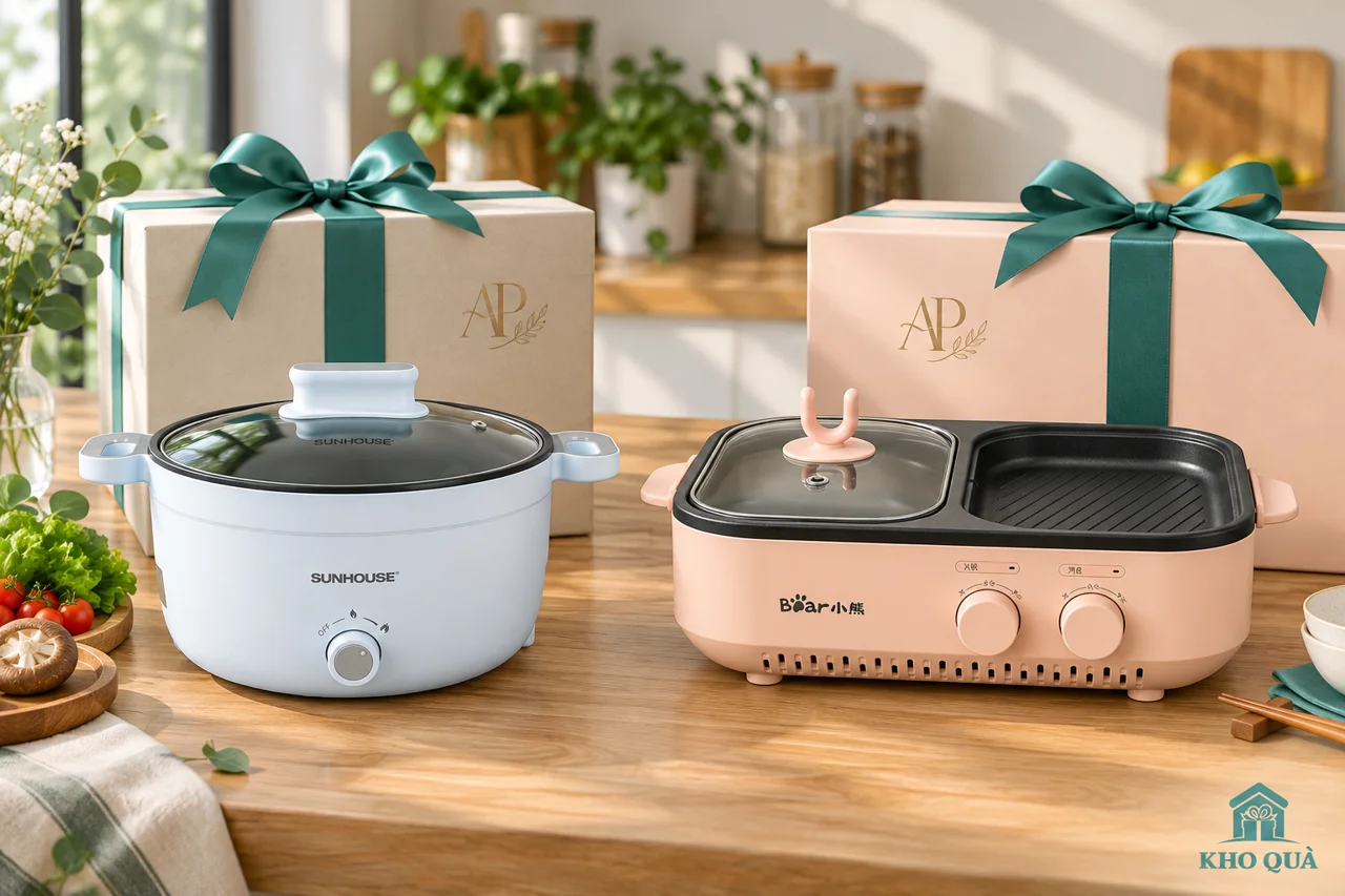 Bàn chọn quà với nồi lẩu tròn và bếp hai vùng, hộp có monogram AP