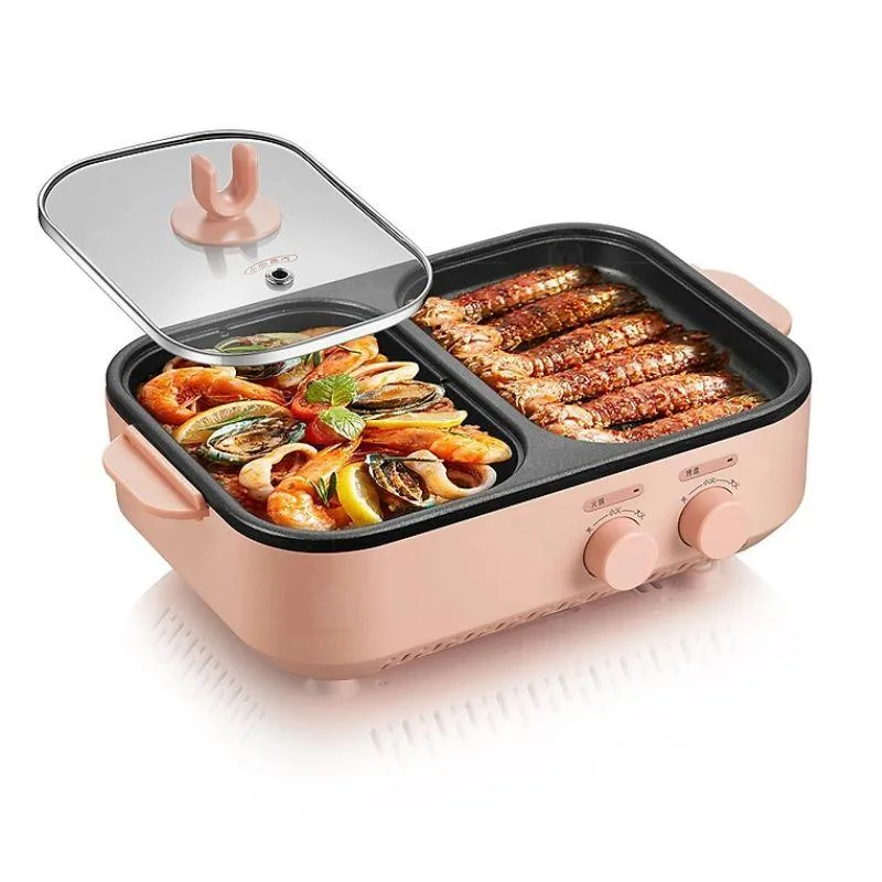 Ảnh sản phẩm Bear DKL-C12D1 có phần nồi bên trái và mặt nướng bên phải